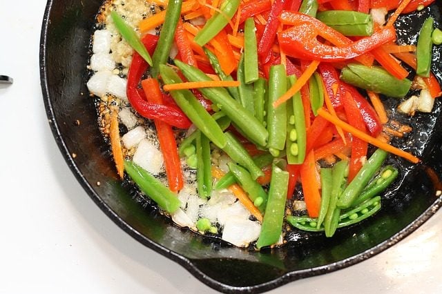 vegetables in a non-stick cast iron pan