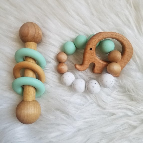 Wooden rattle & teether set ETSY