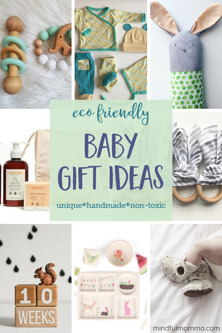 Eco friendly baby gifts made from safe, natural, sustainable materials that are unique, high quality and make wonderful gifts for a baby shower or the holiday gift season. | #baby #babygifts #giftguide #ecofriendly #Etsy #babytoys #organic #naturalproducts #handmade via @MindfulMomma